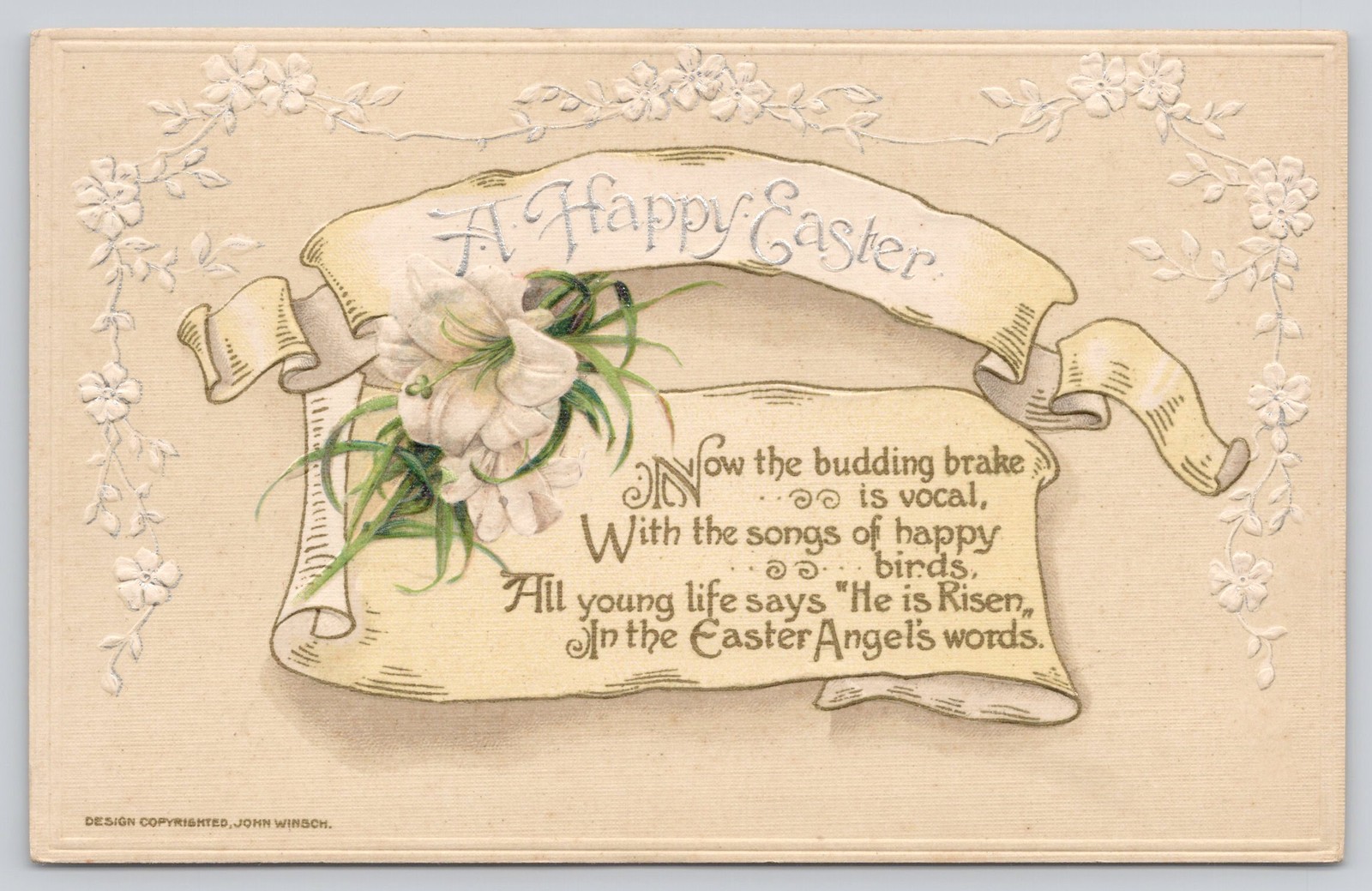 Antique Winsch Easter Postcard Lilies Embossed Gilt Divided Back c1910