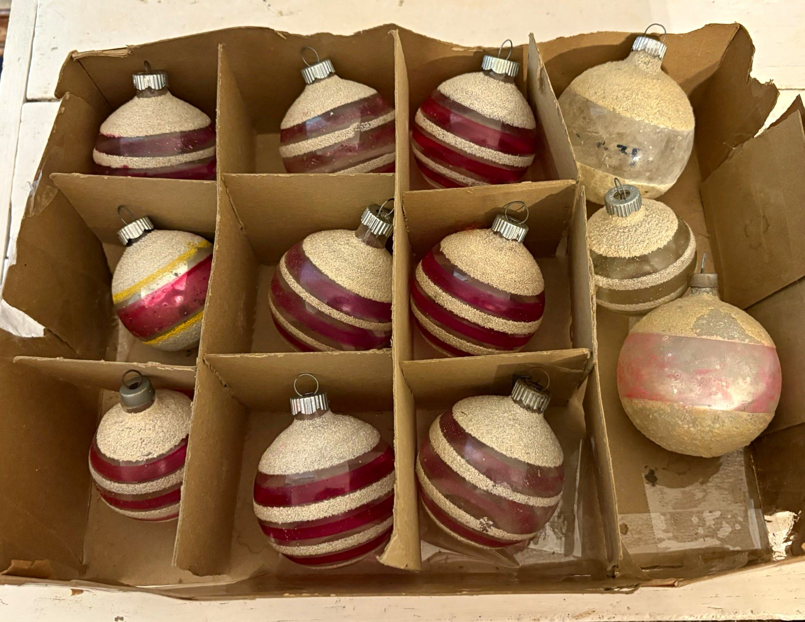 Vintage Lot of 12 SHINY BRITE Glass PINK Sugared Striped Round Ball Ornaments