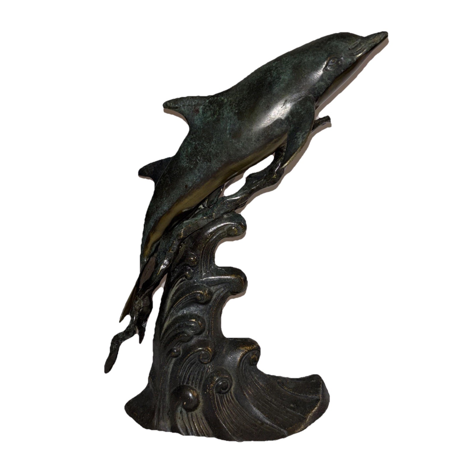 Bronze Dolphin On Bronze Patina Wave 13.5” Dolphins Beach  Ocean Decor