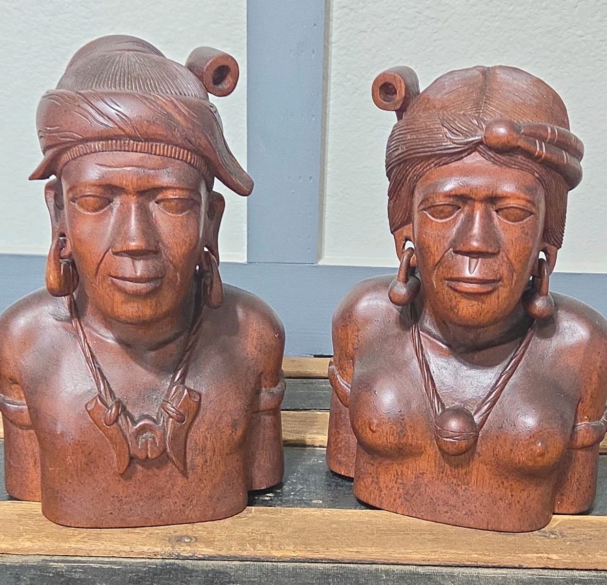 Vtg Hand Carved Wood Bust Sculpture Igorot Tribe Man & Woman Philippine 13” Tall