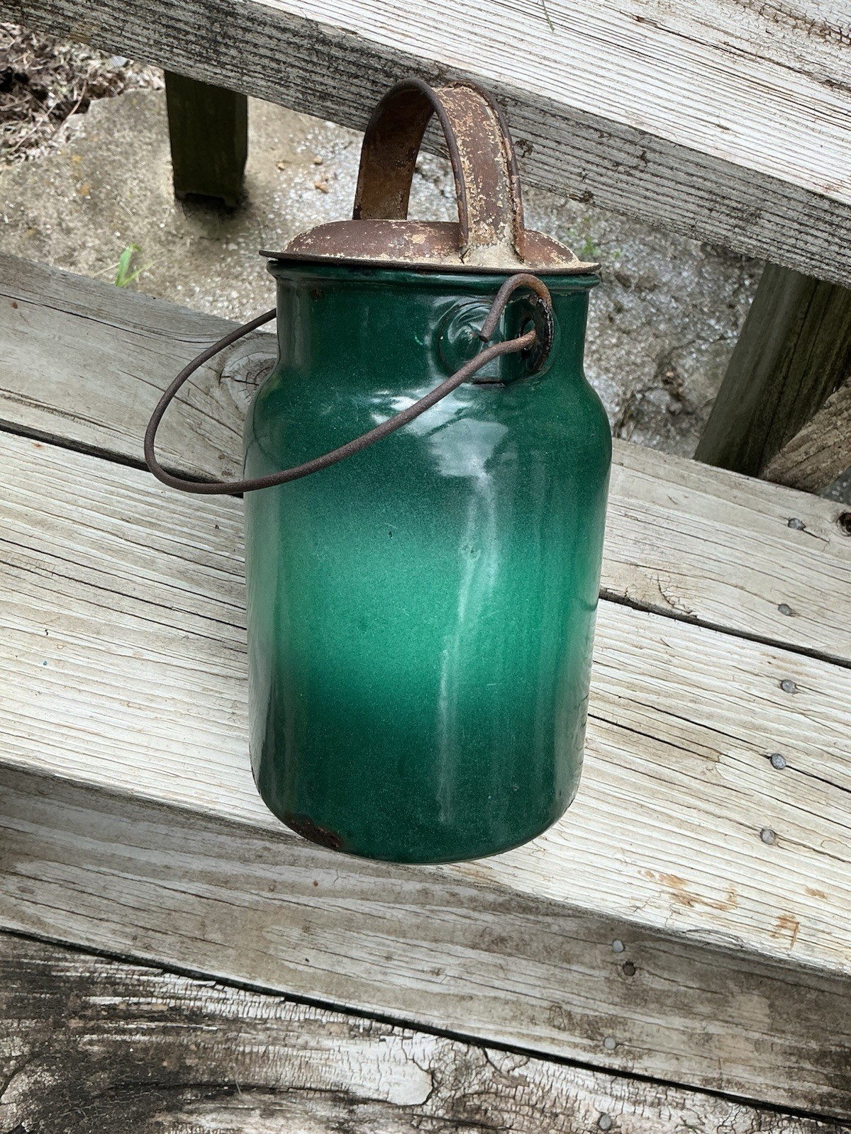 EARLY SHAMROCK GREEN MILK/CREAM CAN 19th 20th GRANITEWARE ENAMELWARE VERY RARE