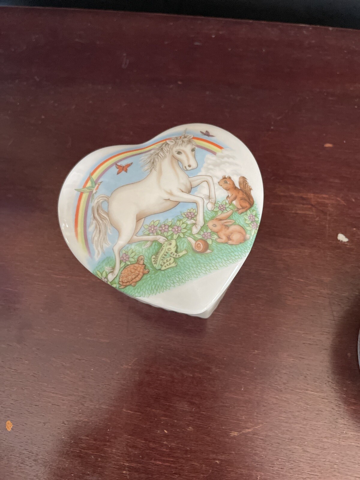 Vtg Papel Heart Shaped Trinket Box Porcelain Ceramic Unicorn Rainbow Fantasy 3\