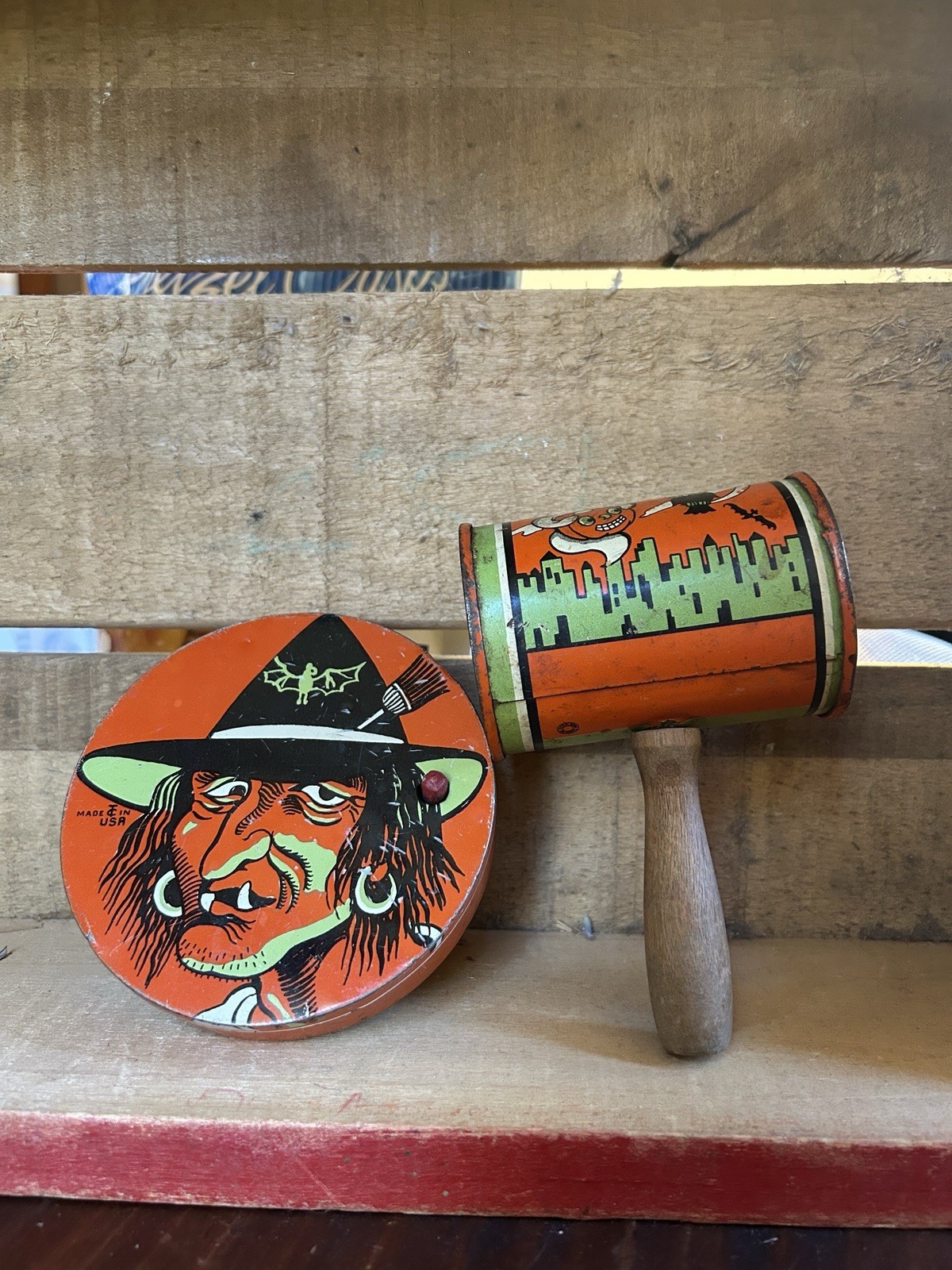 Vintage T Cohn Halloween Tin Litho Noisemakers Witch Crank Rattle Lot Of 2