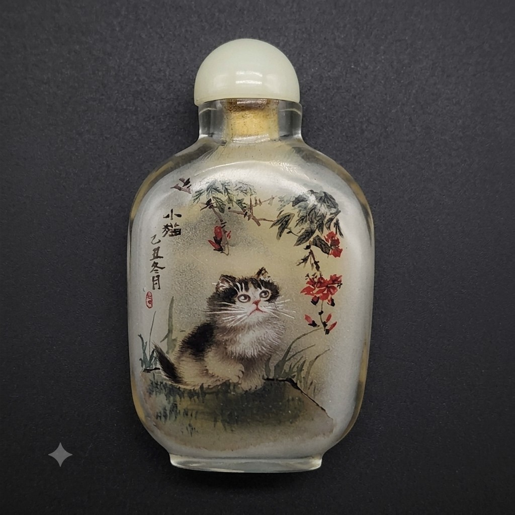 Vtg Cat Snuff Perfume Bottle Reverse Painted Glass Chinese Village Kitten Double