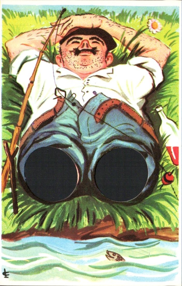 Comic Fisherman Napping by River, Die-Cut Novelty - French Postcard - circa 1965