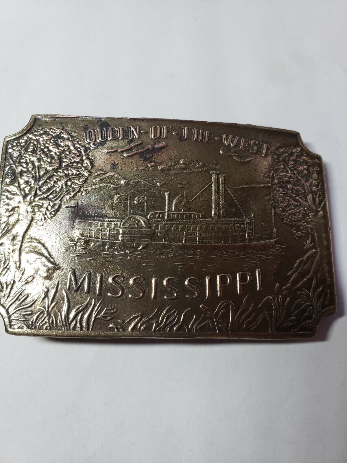 Vintage 1973 Queen Of The West Mississippi Riverboat Metal Belt Buckle Bergamot