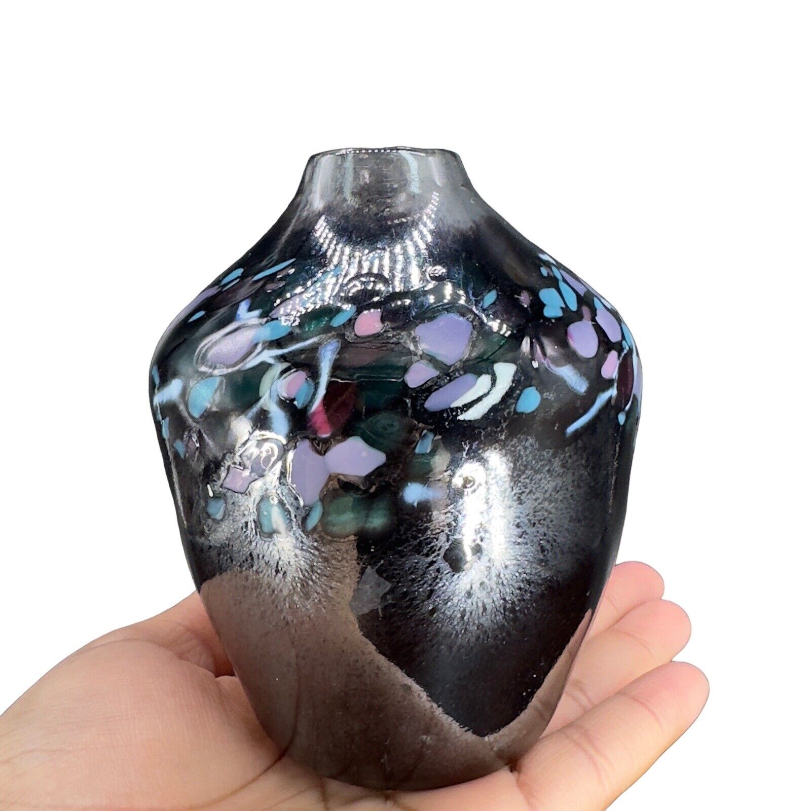 Studio Art Glass Vase Hand Blown Signed Loretta Eby? Black W Purple Blue Dots