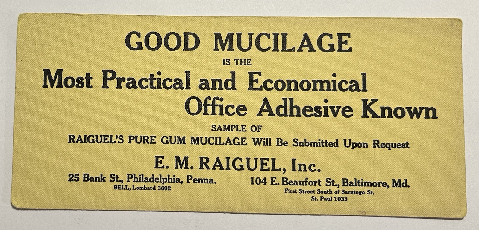 Vintage E.M. Raiguel Inc. Office Adhesive Blotter Card Ad Philadelphia & Balt.