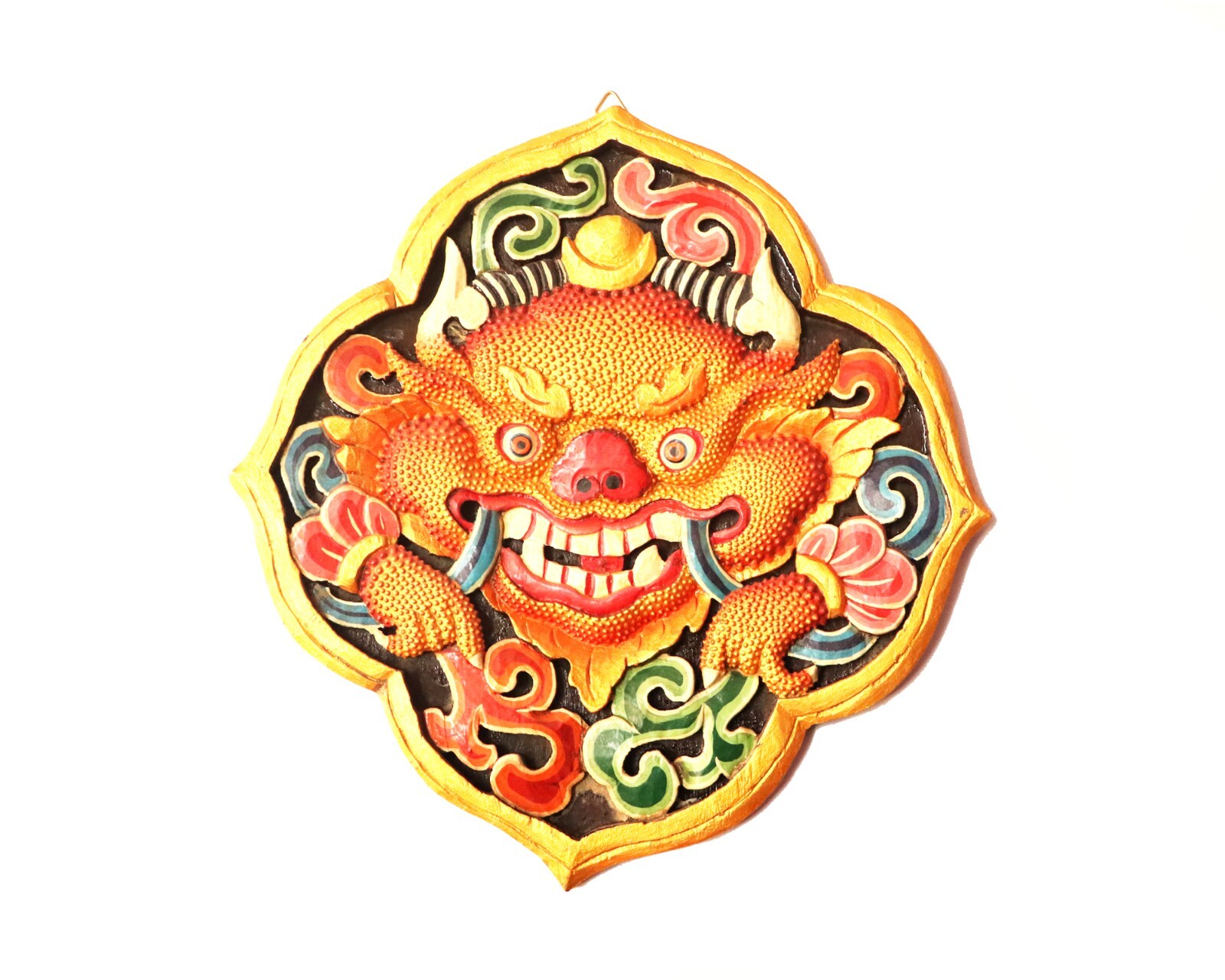 Tibetan Buddhist Deity Mahakala Face – Hand Carved Wood Wall Hanging, Handmade