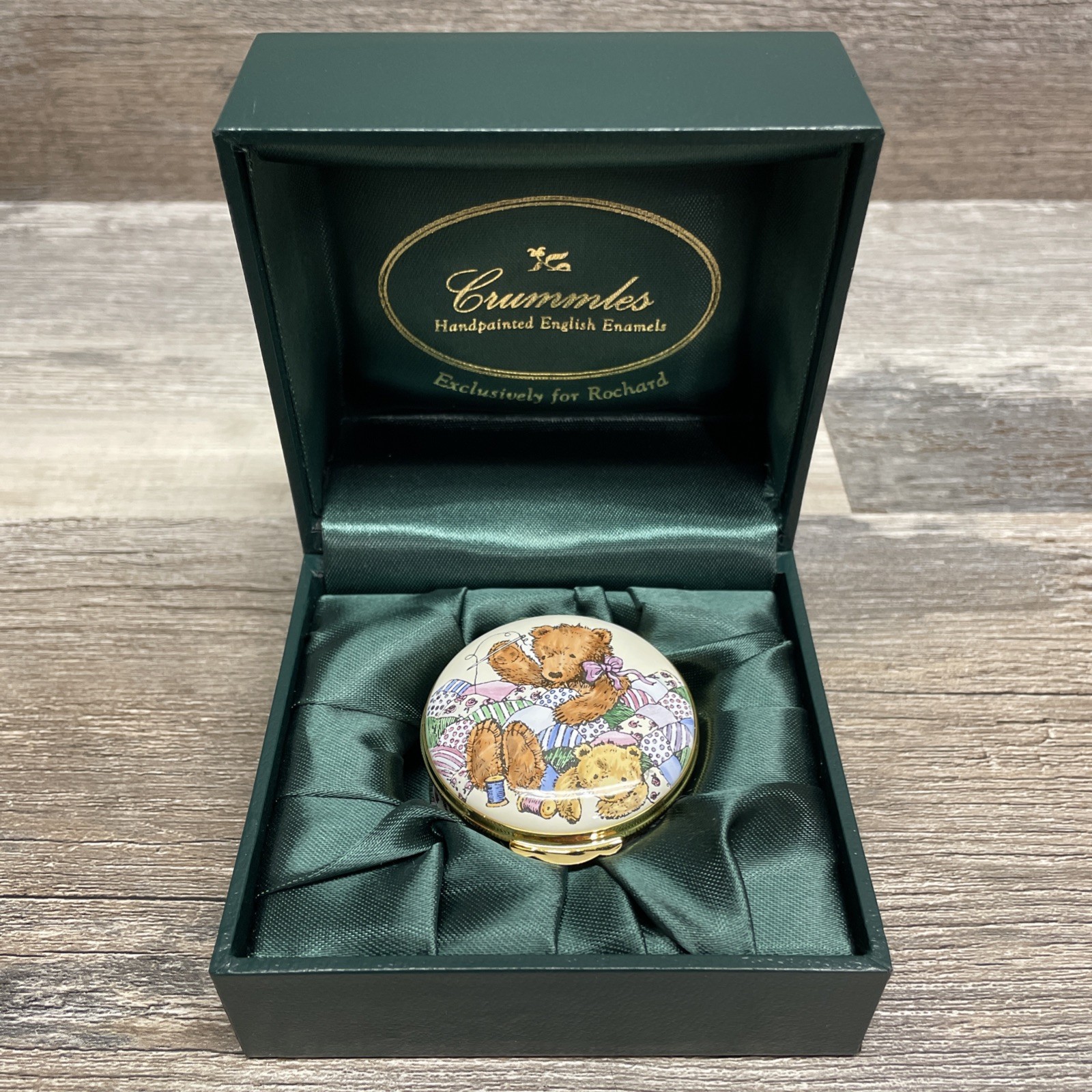 Rare Crummles & Rochard Handpainted English Enamel With Box - Patchwork Bears