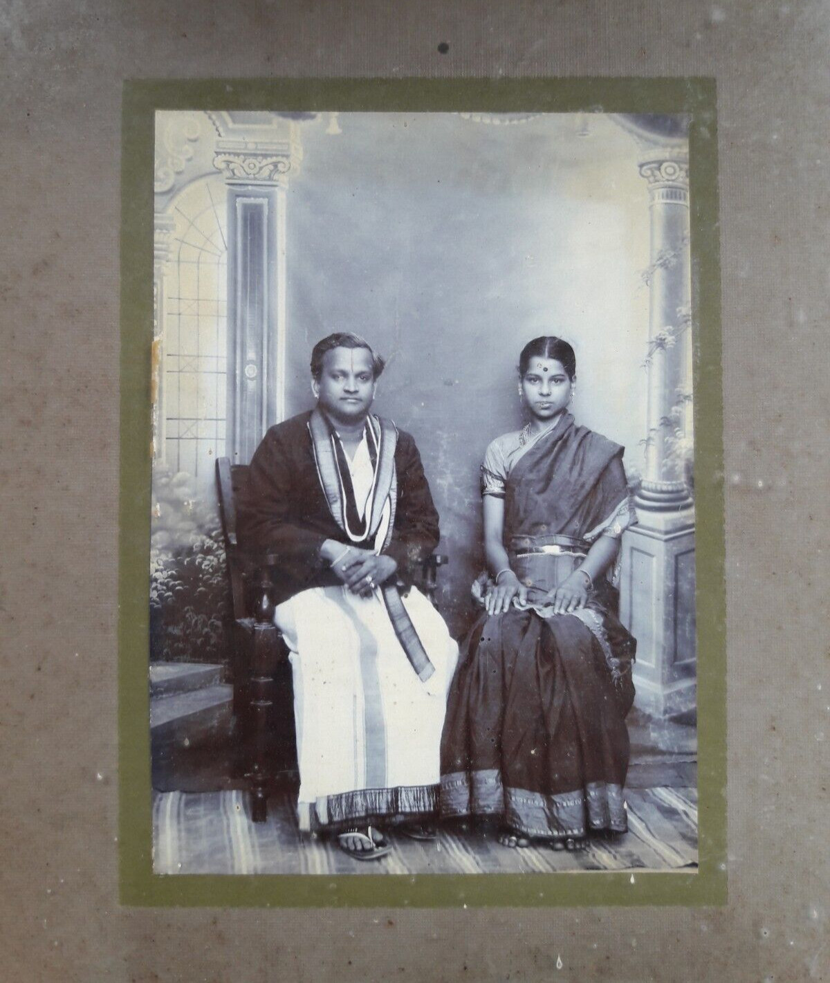 Antique VTG Old B&W Photograph Picture South Indian Couple Traditional Dress A69