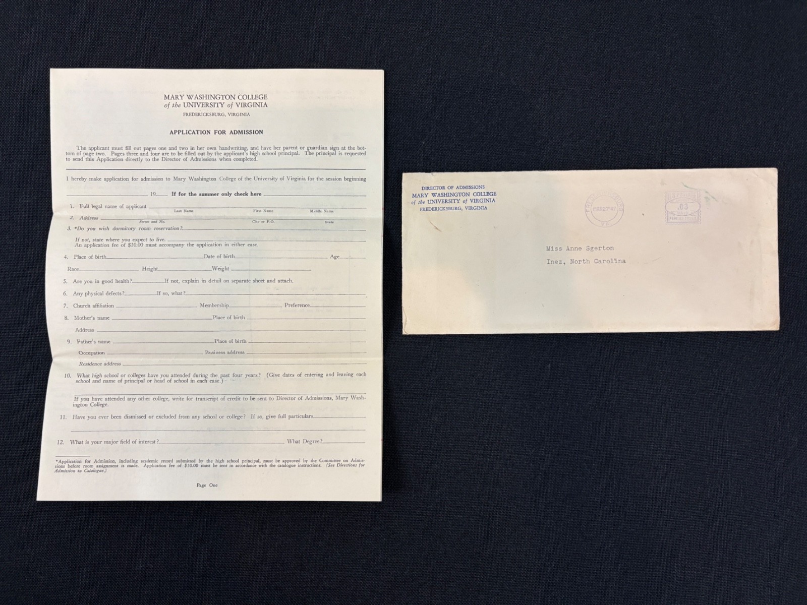 1947 Mary Washington College Application For Admission Virginia Women\'s School