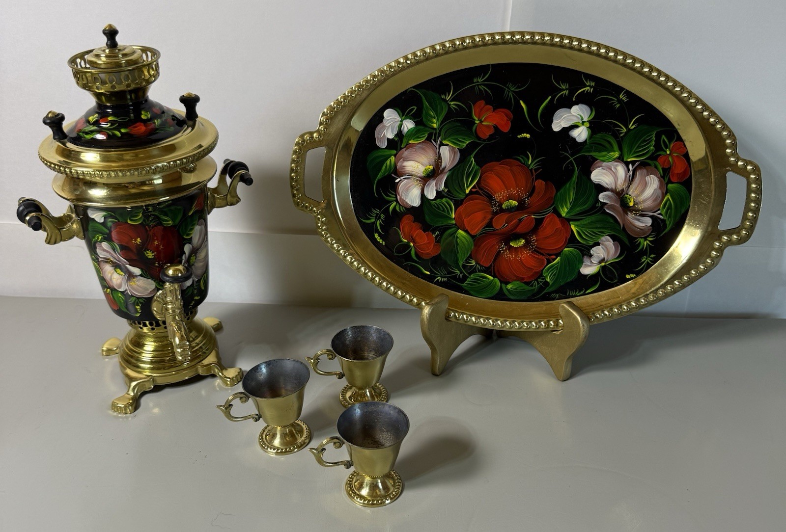 Vtg Small Russian Zhostovo Style Hand Painted Samovar, Tray, 3 Cups Tea SET