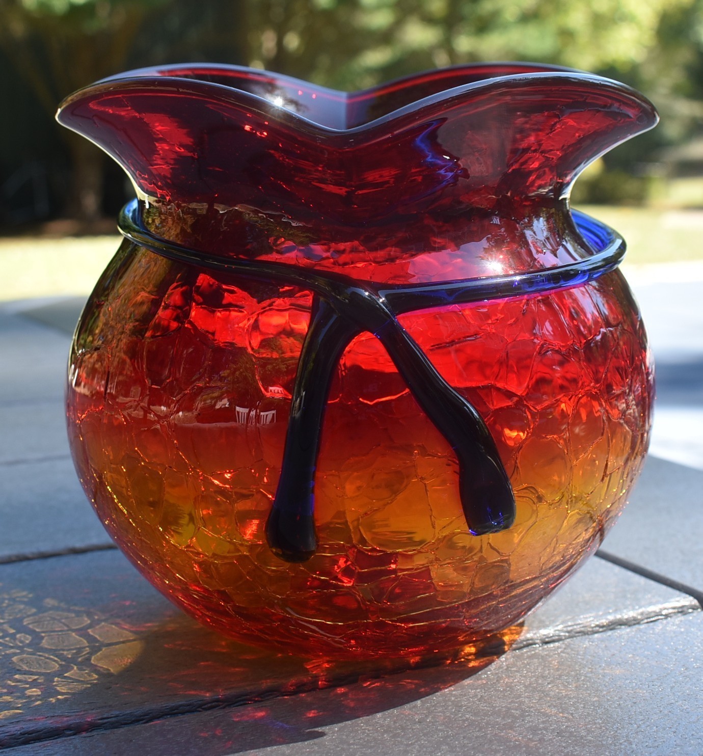 BLENKO AMBERINA / TANGERINE CRACKLE GLASS HAND-TIED SACK POUCH VASE