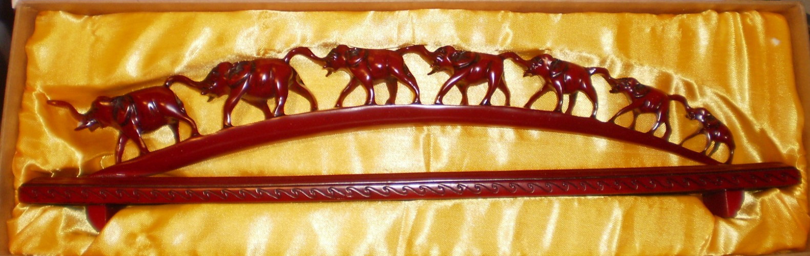 NEW Vintage Chinese SEVEN ELEPHANTS CROSSING A BRIDGE in box `17.5 long