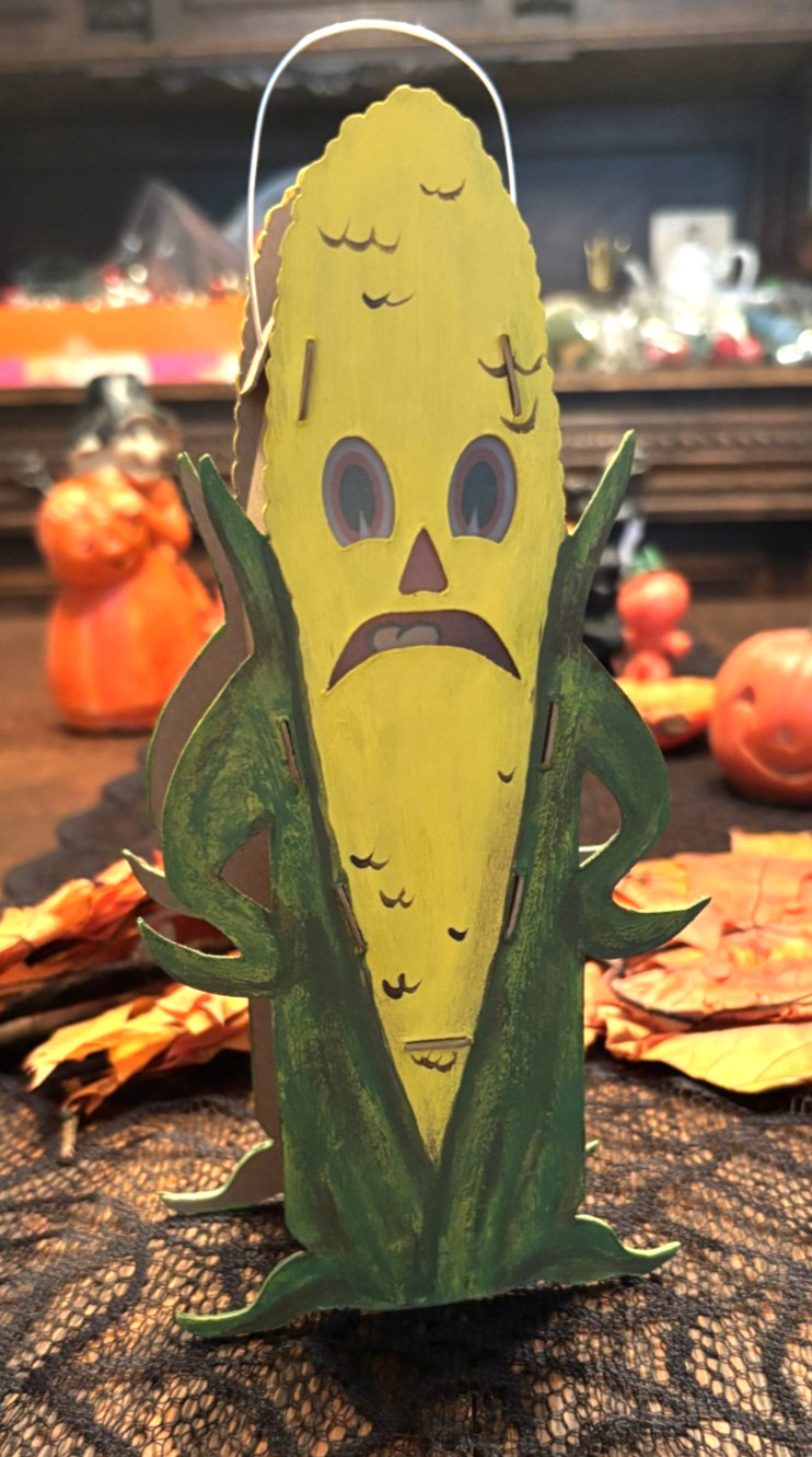 HALLOWEEN Folk Corn Goblin Man Hand Painted Antique Vtg Style Lantern Double Sid