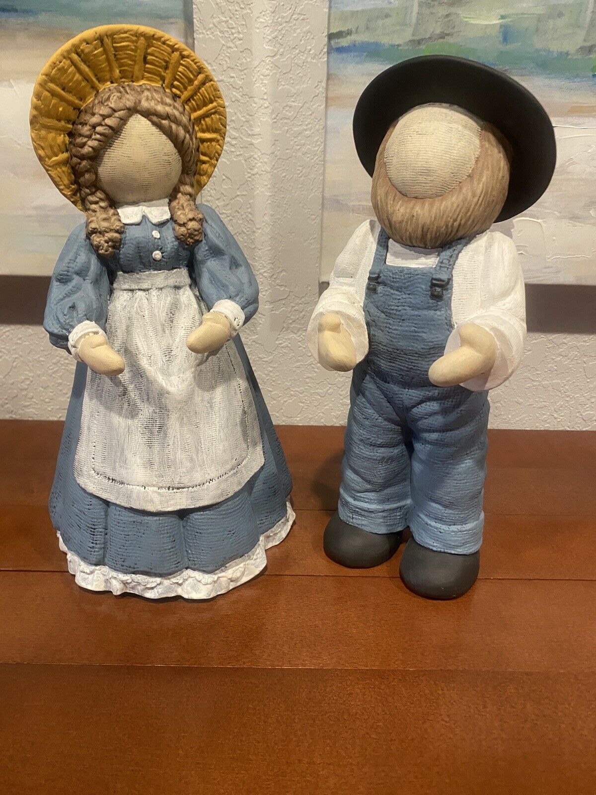 Amish Ceramic Farmer Couple Set Casual Clothing Faceless 12in