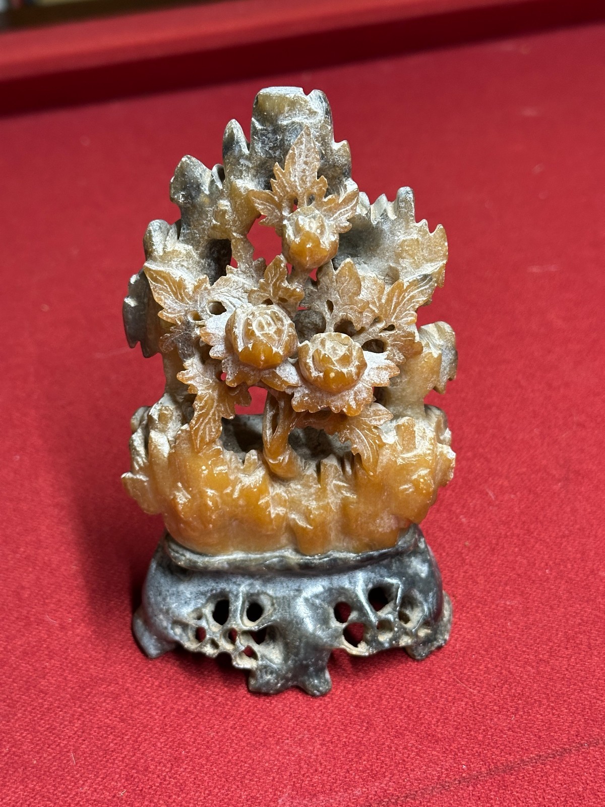 Vintage Chinese Carved Soapstone Peony Flower Sculpture on Stand Small Figurine
