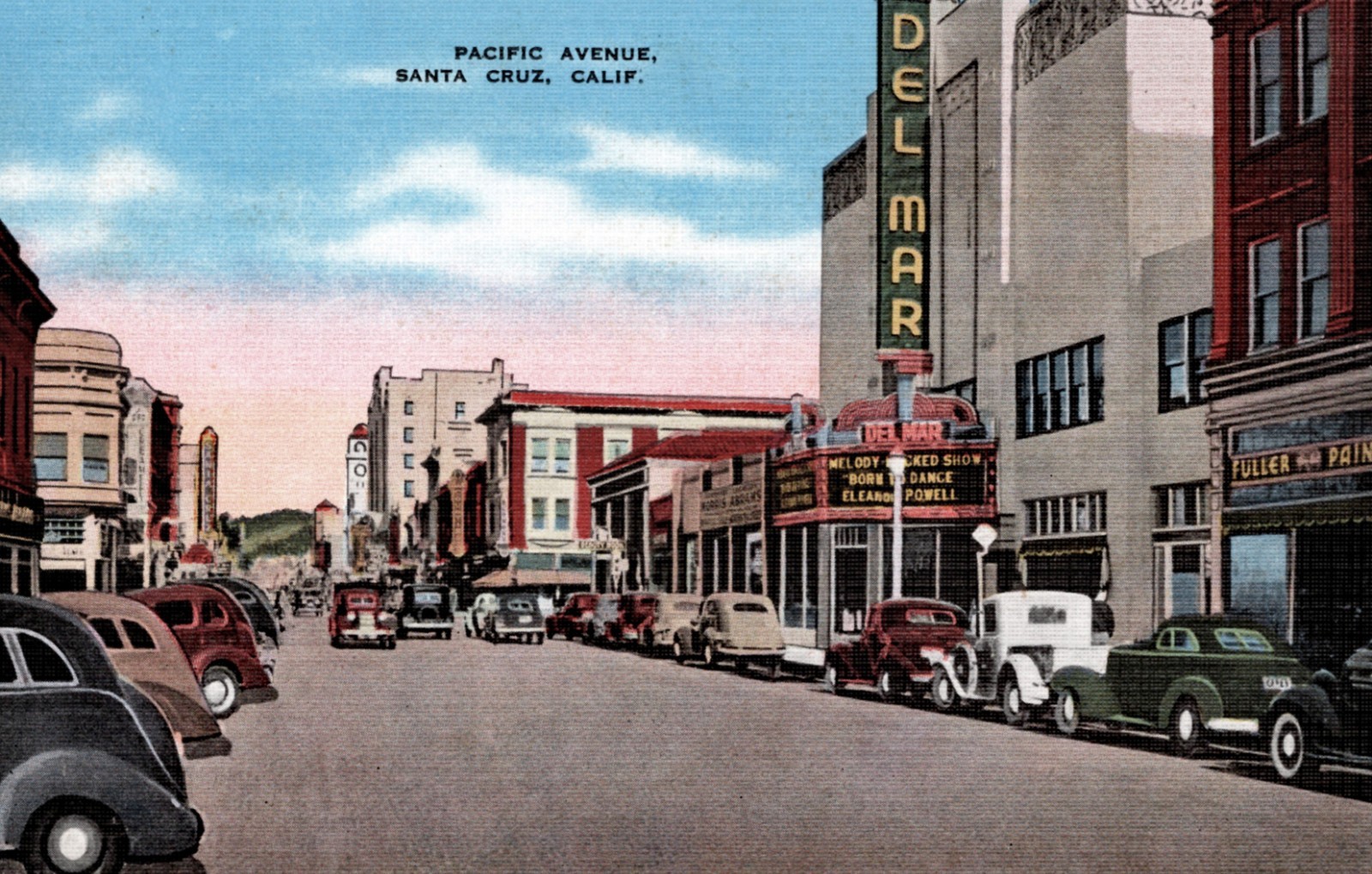 Santa Cruz, California Pacific Avenue, Del Mar Theater Cars Postcard COPY #86522