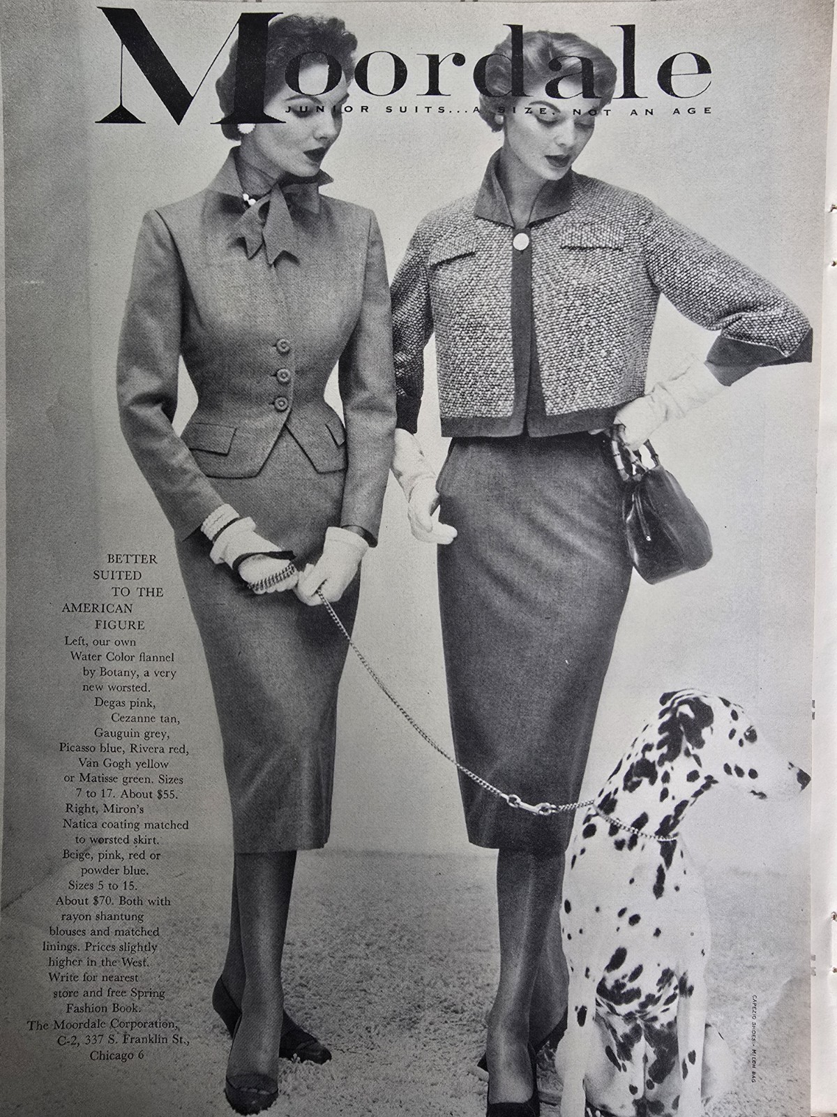 1954 Women\'s Moordale Suits Dalmatian Dog Vintage Fashion Ad 