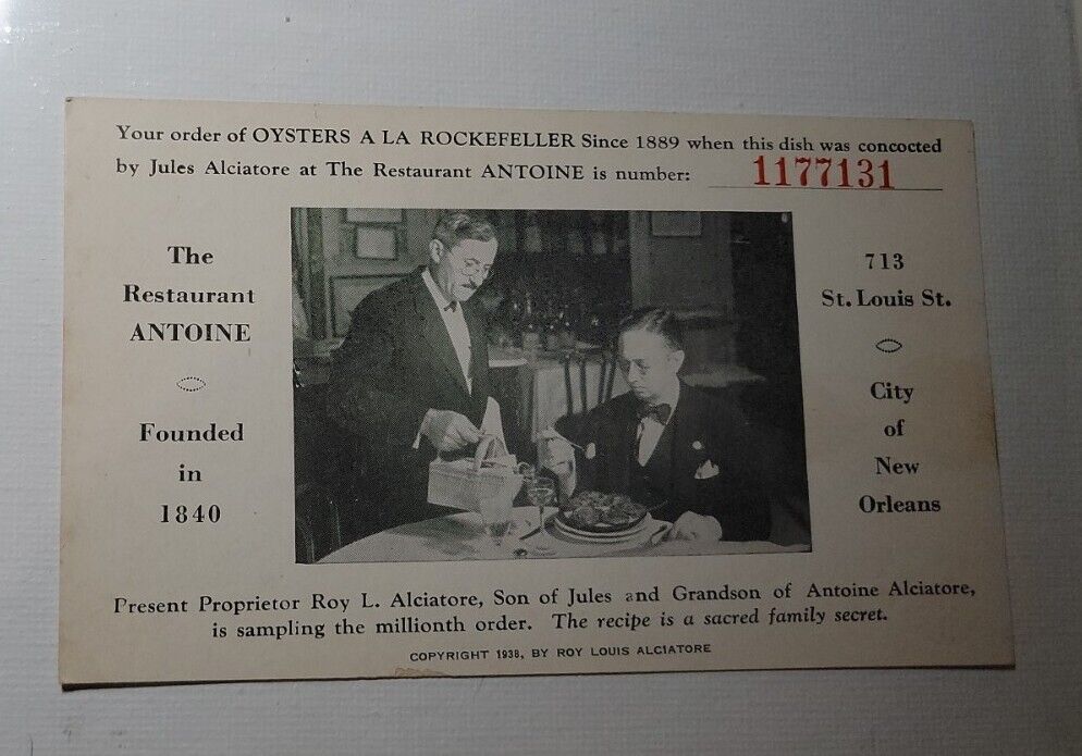 Oysters Rockefeller 1938 Post Card Louisiana New Orleans ANTOINE Restraunt Order