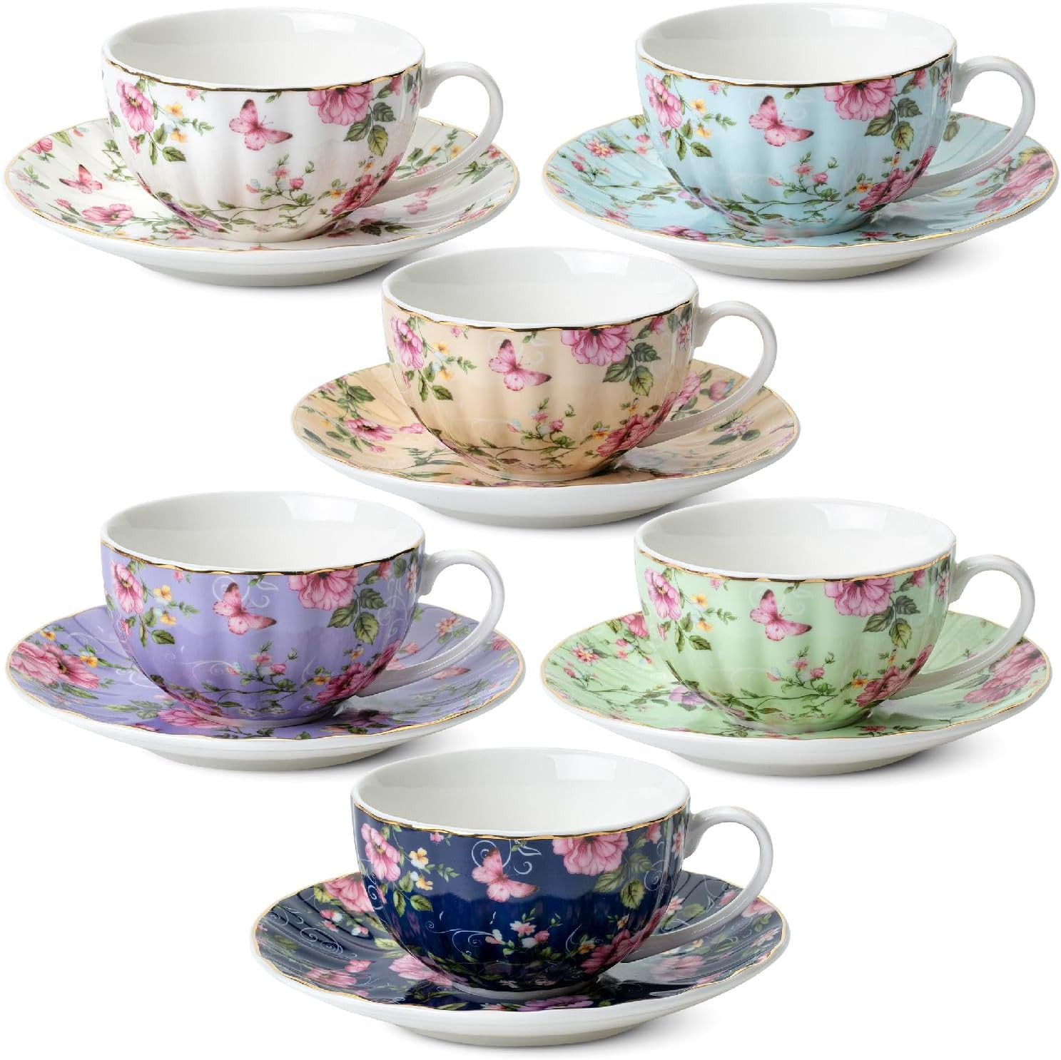 Btat- Floral Tea Cups and Saucers Set of 6 (7 Oz), Porcelain Tea Cups Set of 6,