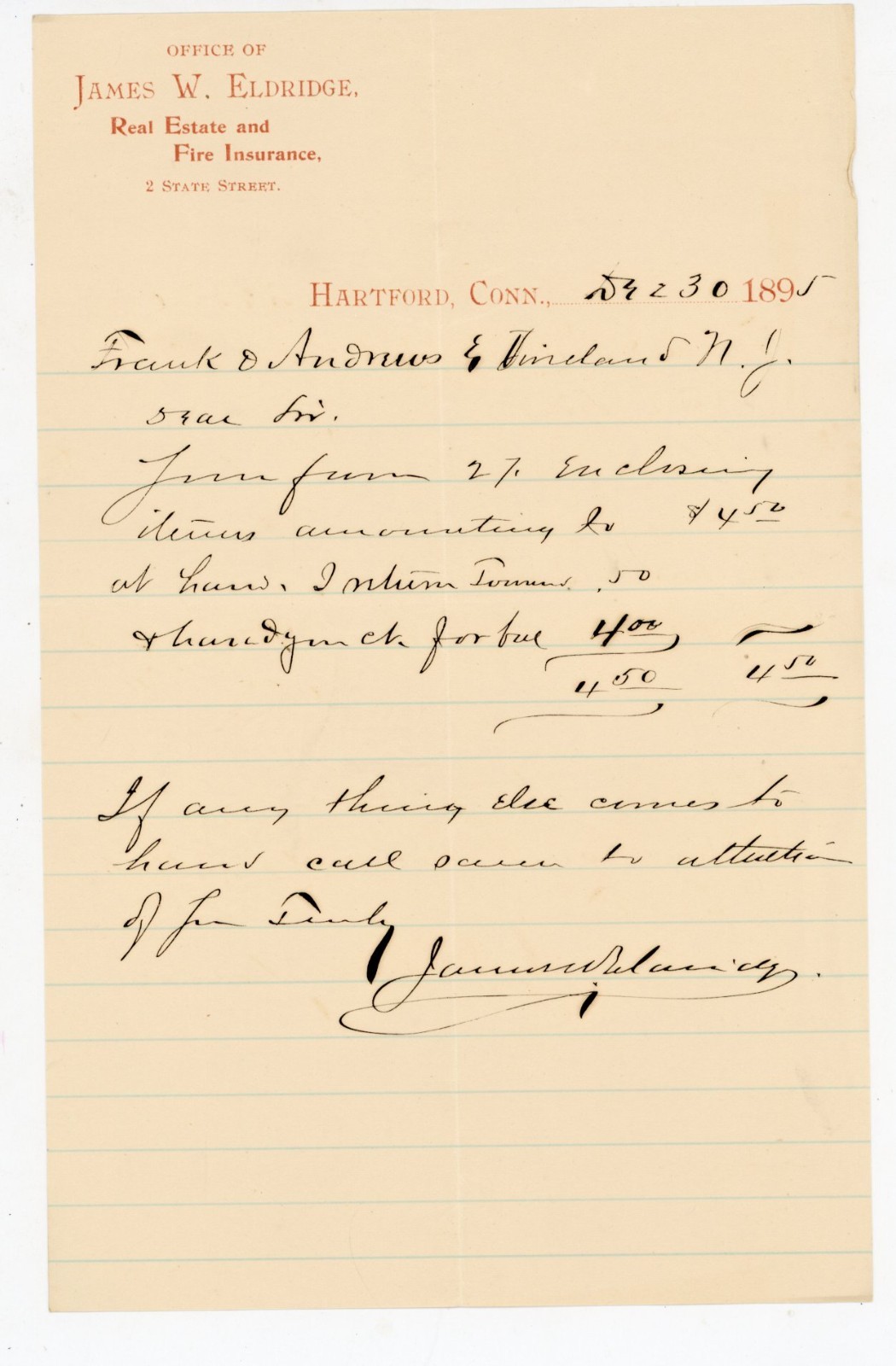 1895 Hartford CT James W Eldridge Insurance Letterhead Autograph Collector Lette 1895 Hartford CT James W Eldridge Insurance Letterhead Autograph Collector Lette