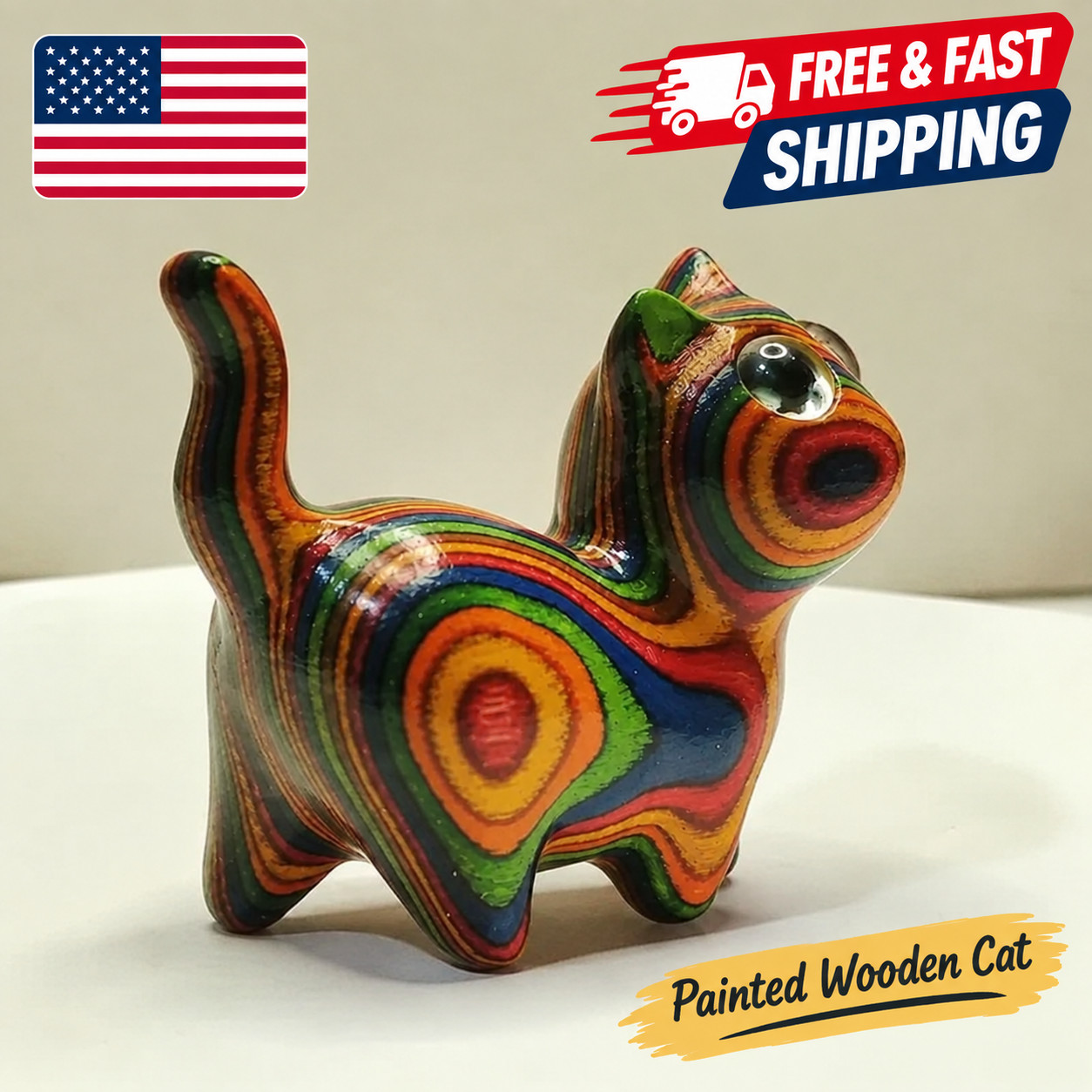 Painted Wooden Cat Figurine Small Kitten Statue Home Festival Decor