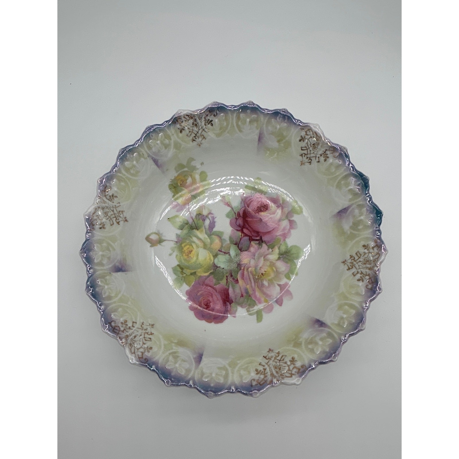 Vintage German Porcelain 10” Bowl Pink Roses Floral Scalloped Gold Gilt Romantic