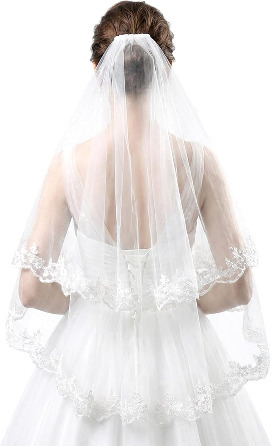 Lace Wedding Bridal Veil with Comb, 2 Tier Floral Edge Bridal Tulle Veil