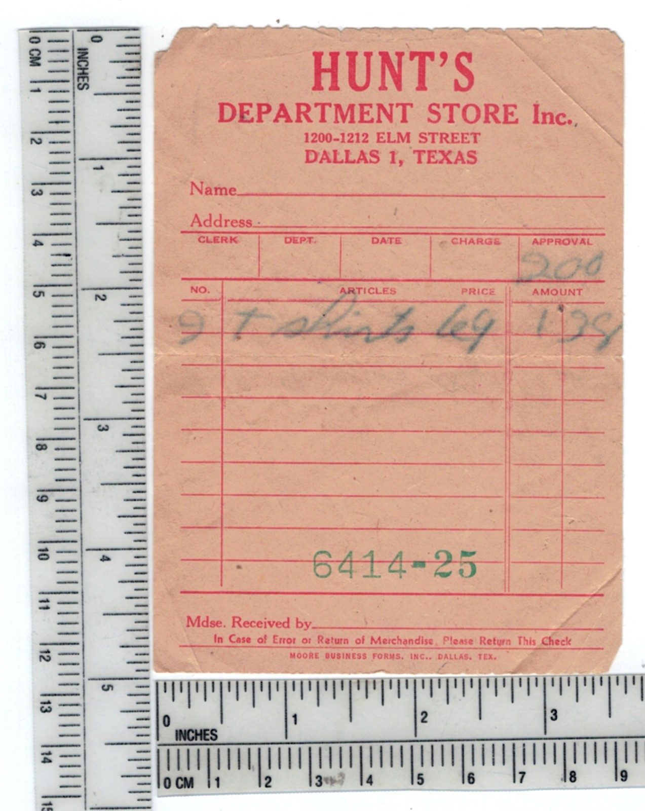VINTAGE HUNT\'S DEPARTMENT STORE SALES RECEIPT DALLAS TX