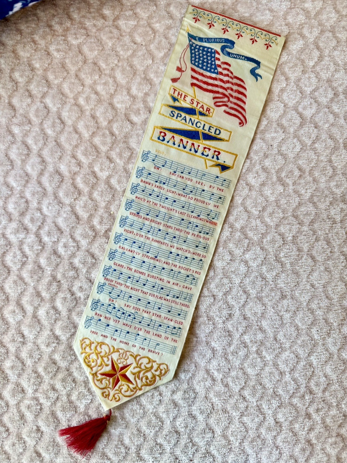 Antique Warner Mfg Co Woven Silk Star Spangled Banner Ribbon Tassel, Late 1800s