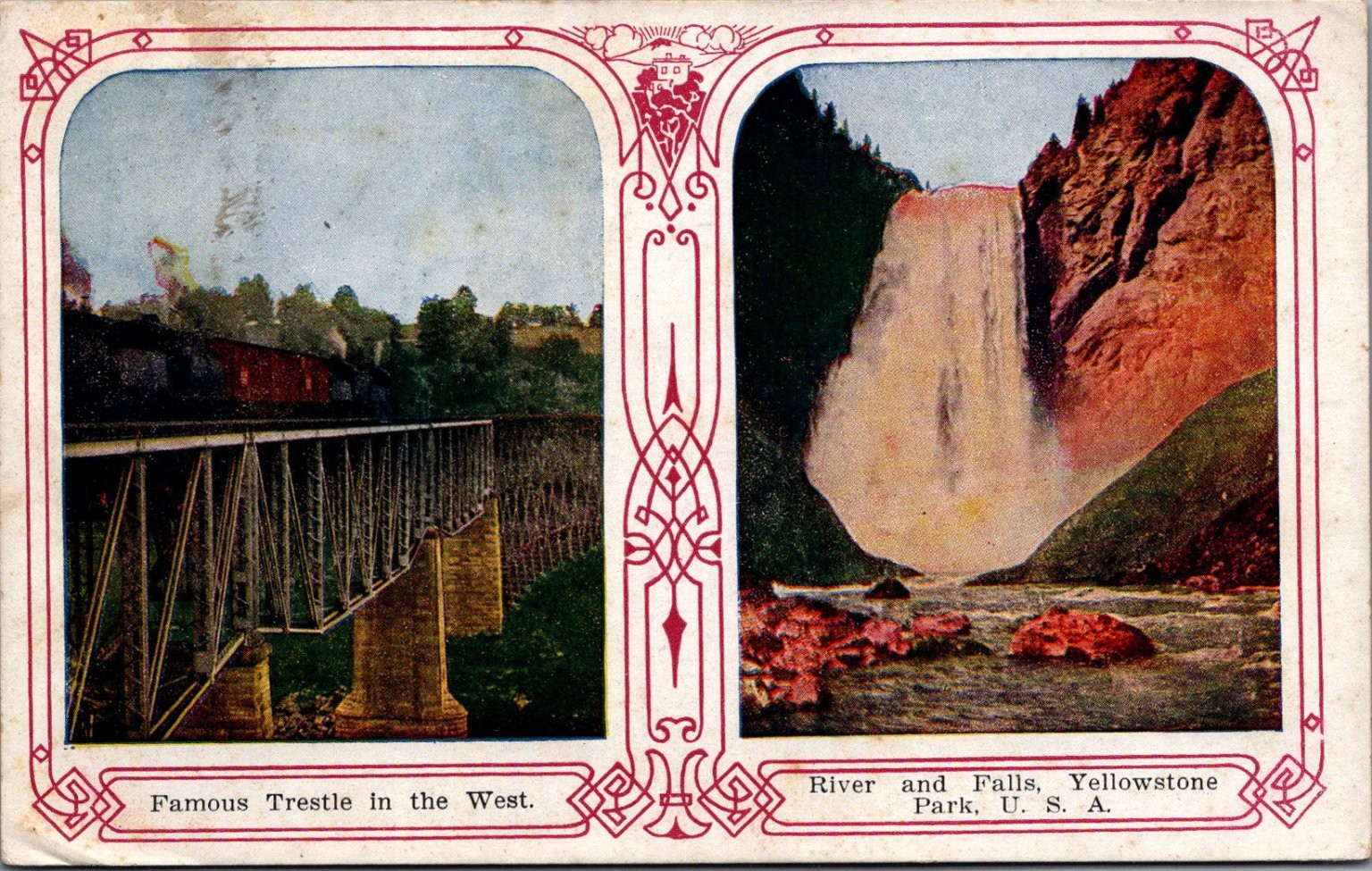 Vintage Yellowstone Lower Falls & Western Trestle Postcard c.1910