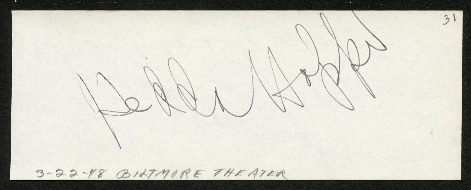 Hedda Hopper d1966 signed 2x5 autograph on 3-22-48 at Biltmore Theater Hollywood