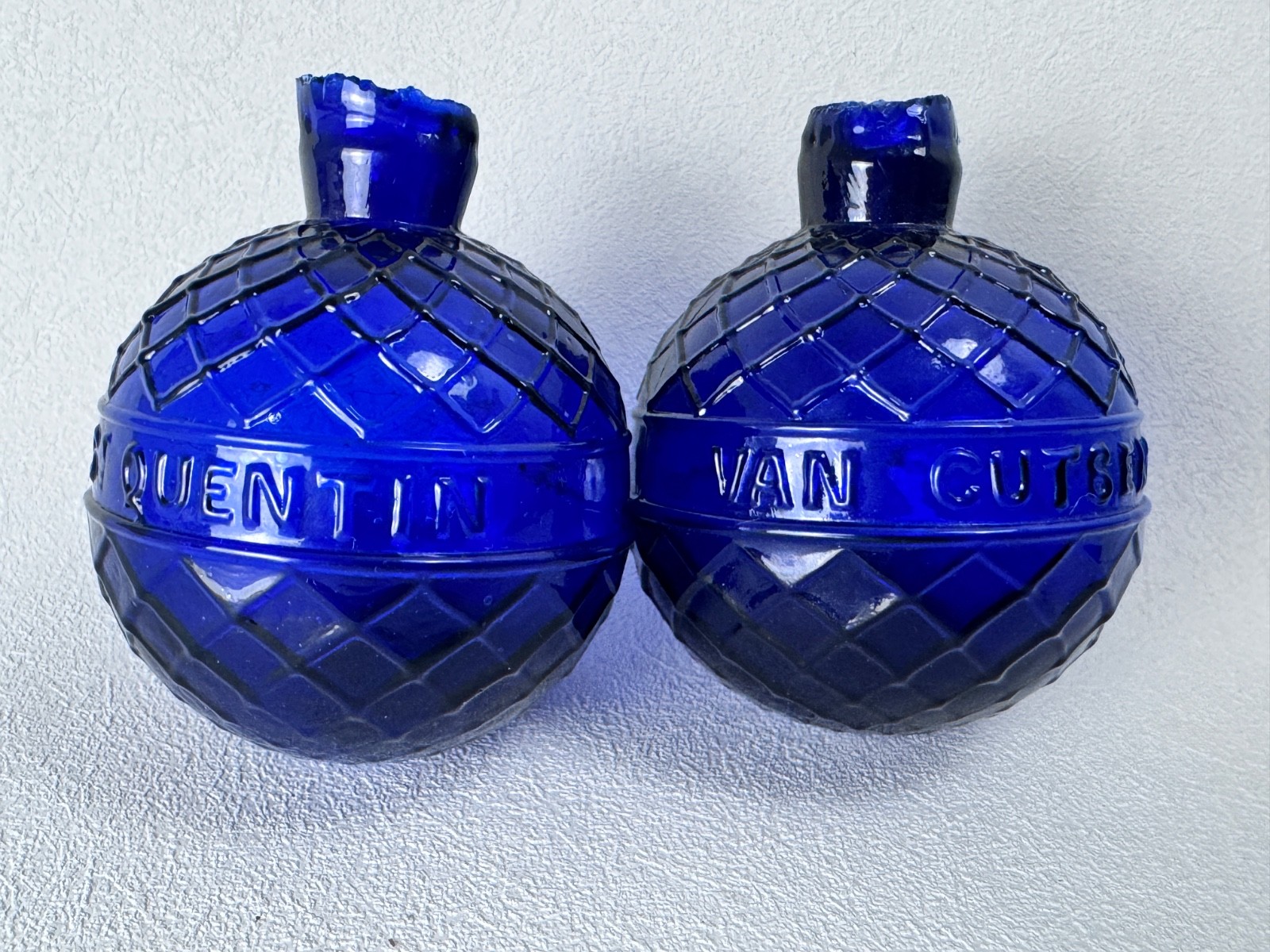 (2) 1880s Van Cutsem St. Quentin COBALT BLUE GLASS Target Ball Quilted Trapshoot