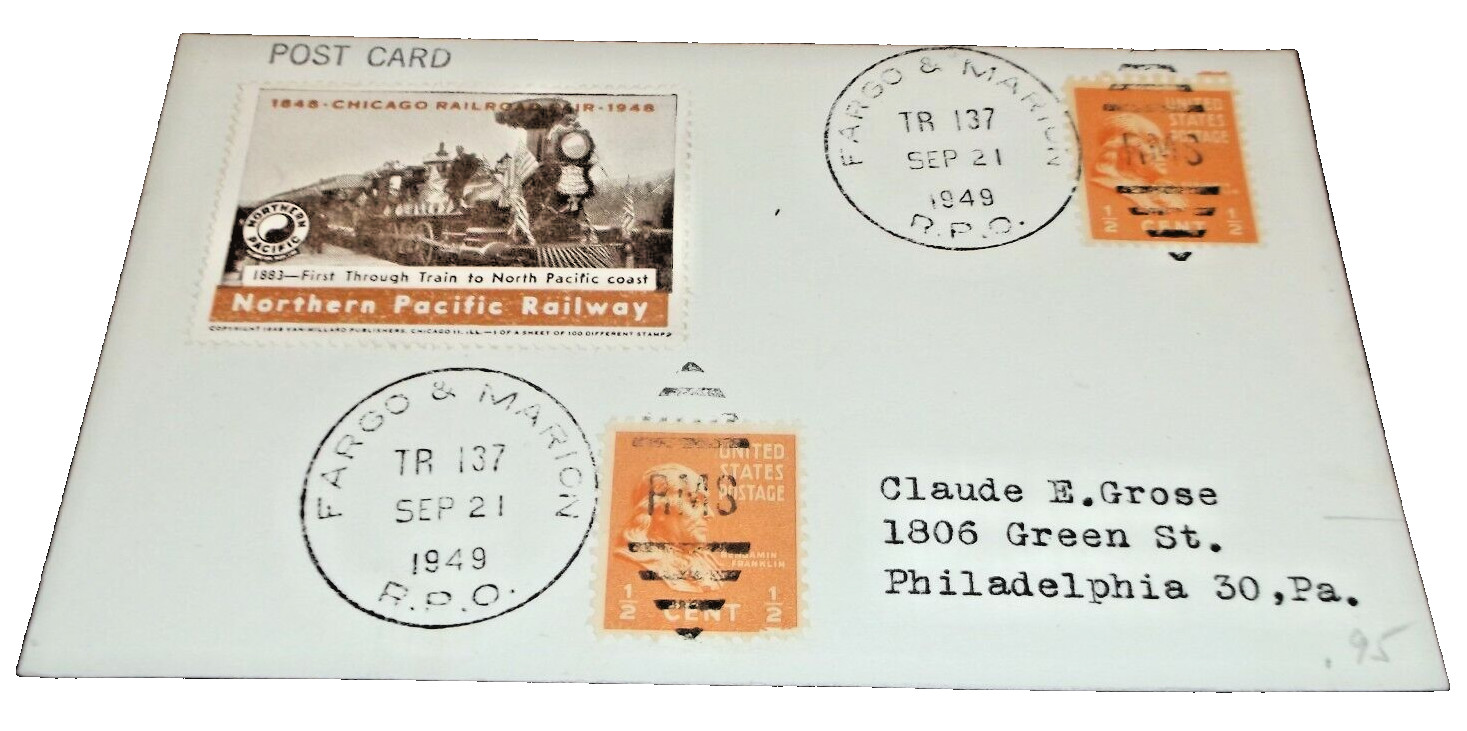 SEPTEMBER 1949 NORTHERN PACIFIC FARGO & MARION TRAIN #137 RPO SOUVENIR POST CARD