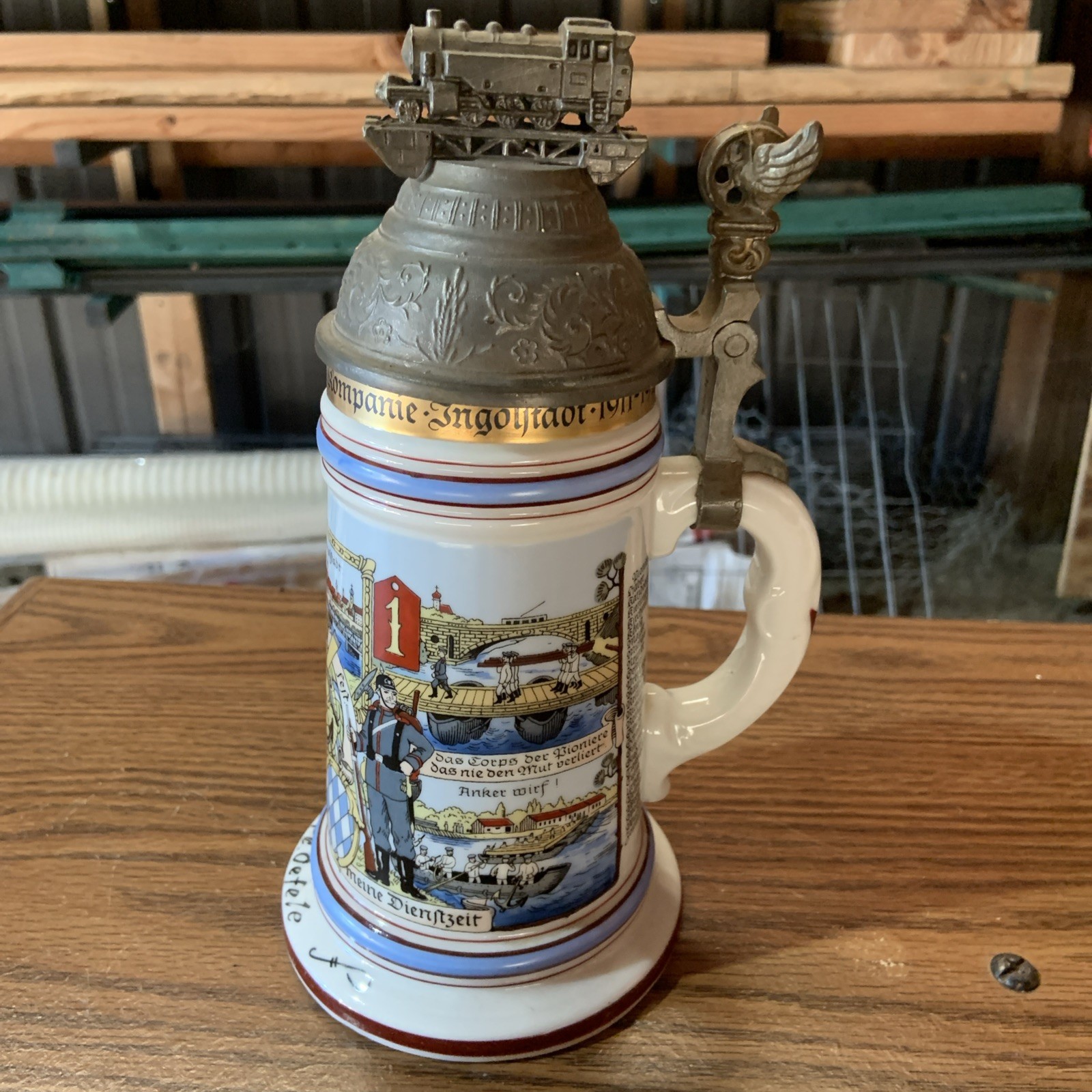 Vintage German Regimental Beer Stein with Pewter Train Finial Lid and Lithophane