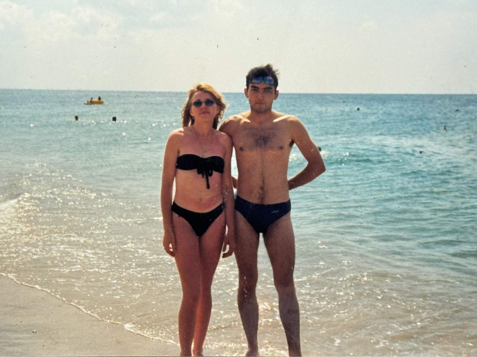 1999 Blonde Woman Shirtless Handsome Man Portrait Vtg Snapshot Photo B&W