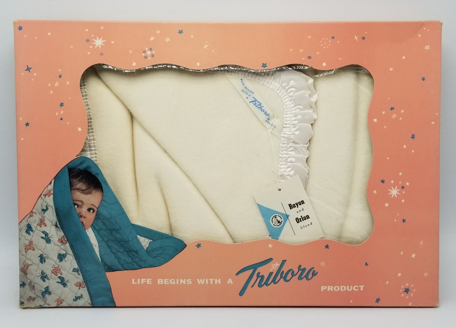 Vintage TRIBORO Rayon & Orlon Blend Baby Blanket White New Old Stock in Box MCM