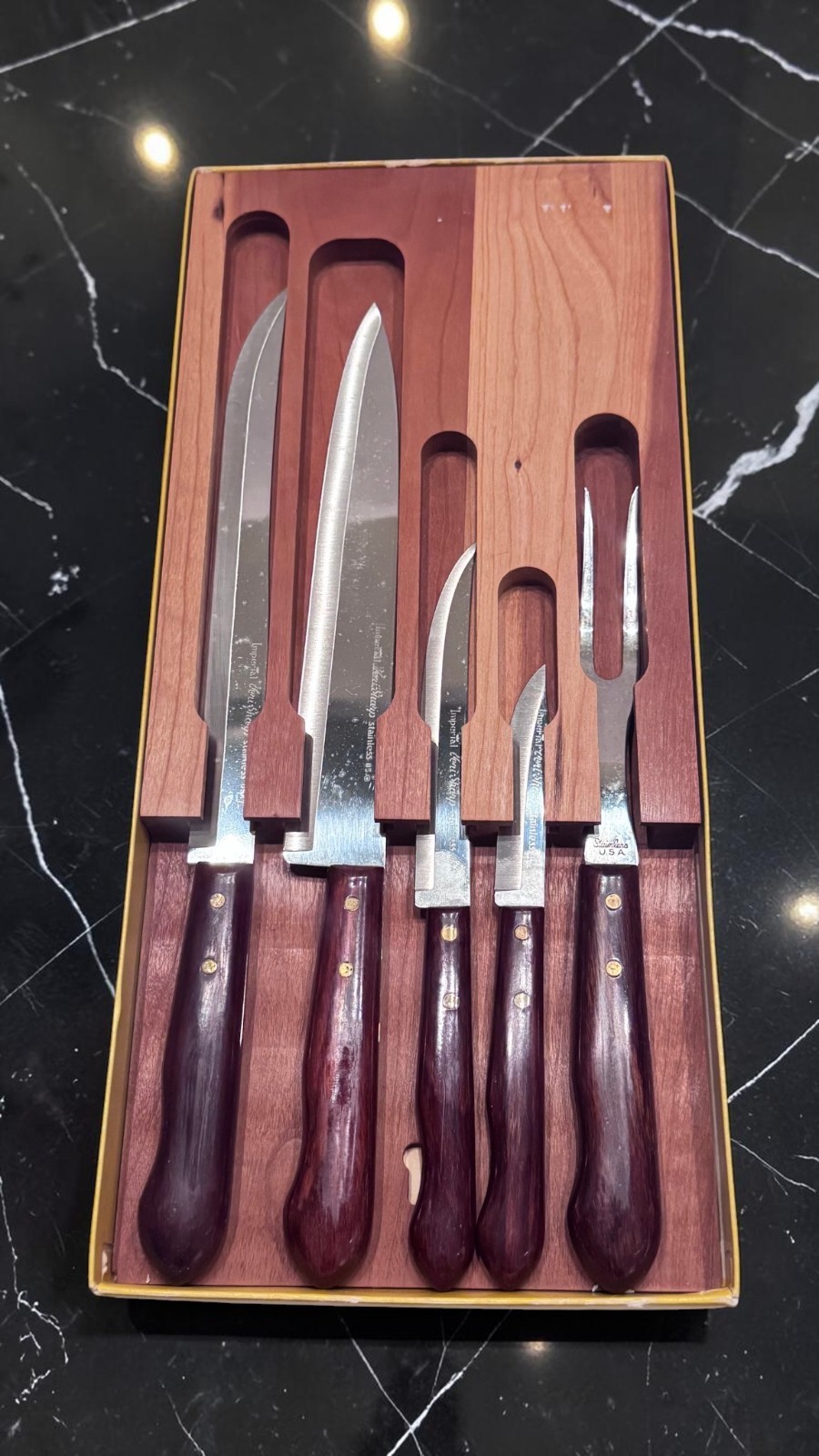 Vintage Imperial Stainless Steel 5-Piece Carving Knife Set Wood Case USA in Box