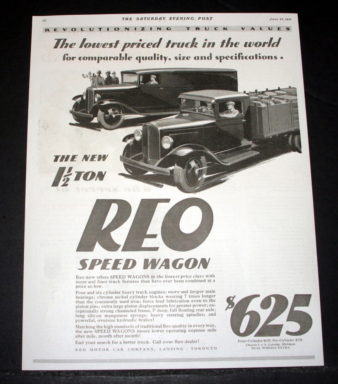 1931 OLD MAGAZINE PRINT AD, THE NEW 1 & 1/2 TON REO SPEED WAGON TRUCK, FEATURES