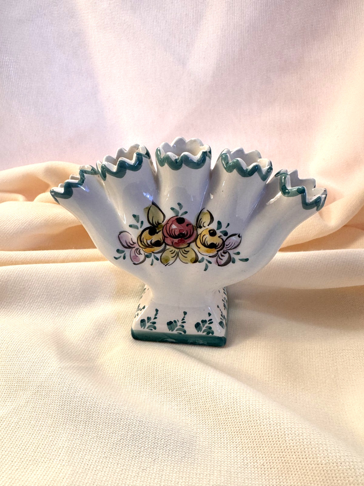 Vintage ELPA Alcobaca 5 Finger Vase Tulipiere Hand Painted Floral Portugal 304