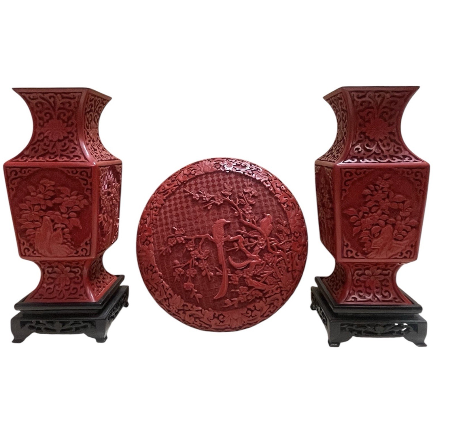 Elegant Set of Three Chinese Cinnabar Pieces-Pair Tall Vases-Round Covered Box