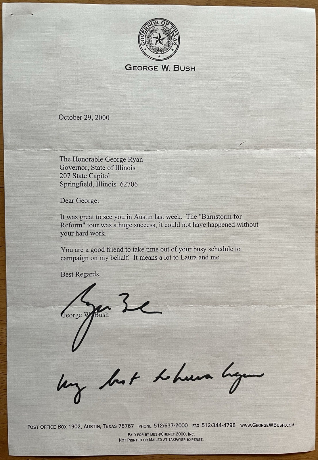 President George W. Bush Autograph Letter to Illinois Governor Ryan