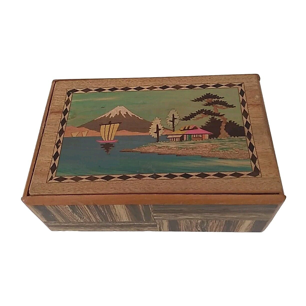 Vintage Mount Fuji & Trees  Geometric Pattern Japanese Wooden Puzzle Box 