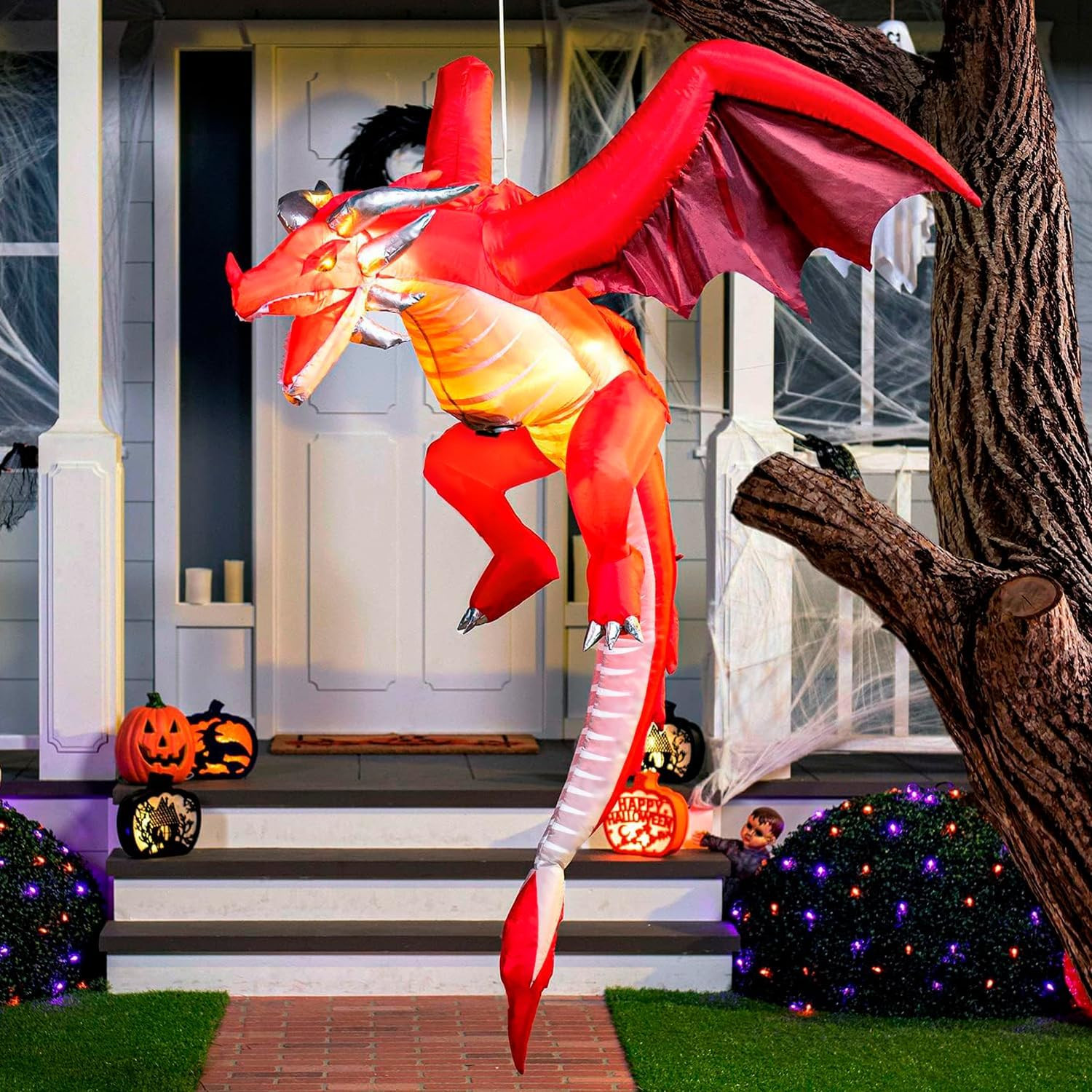 5 FT Tall Halloween Inflatable Hanging Fire Dragon Decor with Build-In Leds, Inf