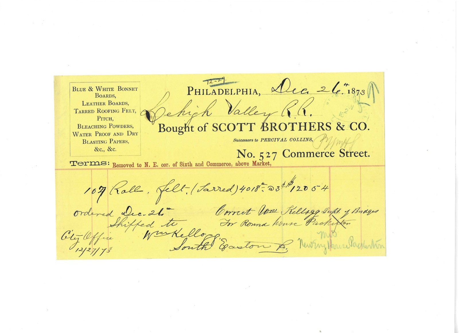 1873 Billhead Scott Brothers & Company Philadelphia PA Hardware Roofing D-89