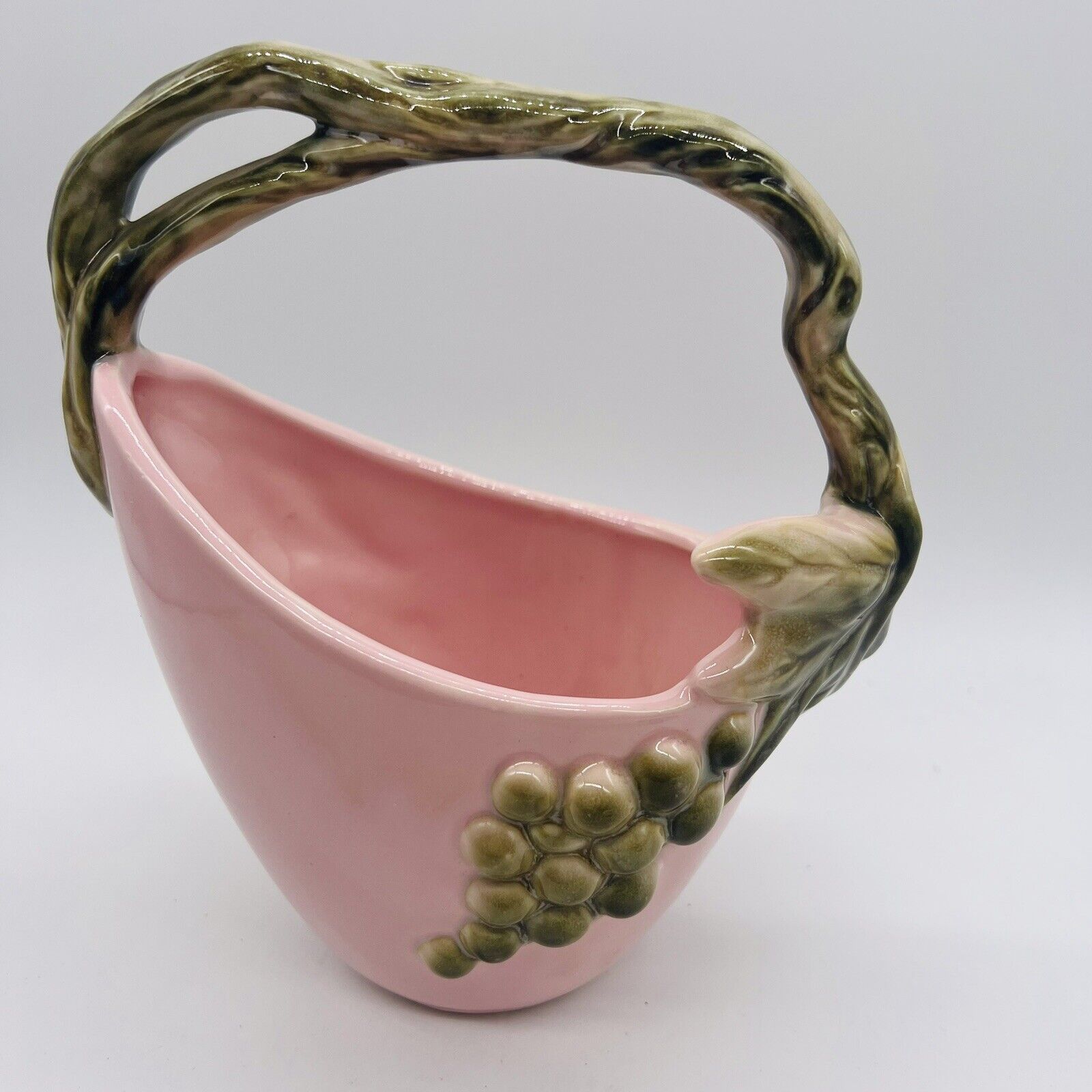 Vintage Hull Pottery Tokay Grapevine Handled Basket Pottery #6 Pink Spring
