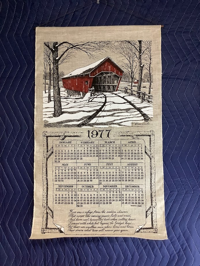 MCM 1977 Dowel Ready Wall Calendar Towel Burlap Barn Snowy Scene Excellent 17x29