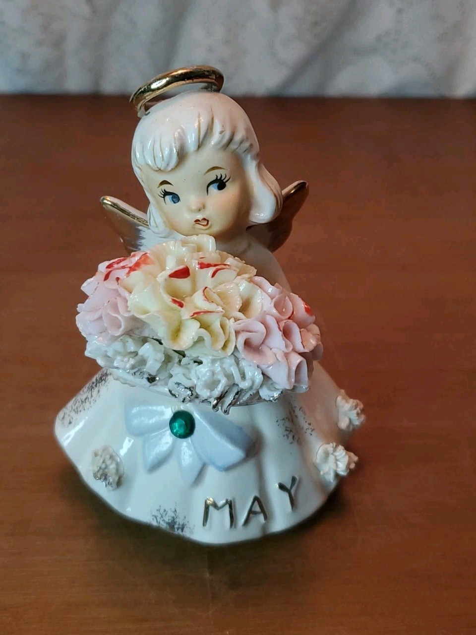 Vintage Lefton  Birthday Angel 489 Carnation Emerald May Signed Girl Gift 